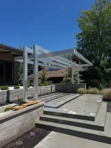 Cantilever steel pergola East Midlands — no front posts, bespoke fabrication