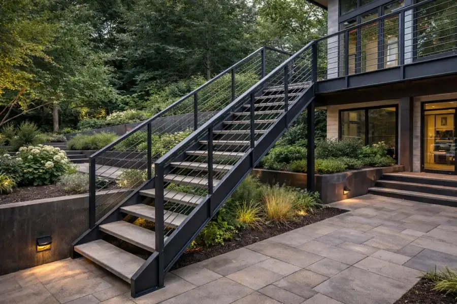 Structural steel garden features East Midlands — fire pit surrounds, screens and outdoor staircases